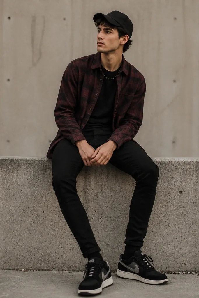A model wearing a burgundy and dark red flannel button-up over a black tee. Black skinny jeans are tucked slightly into socks, and a black cap sits above the forehead. Black Travis Scott shoes complete the look.