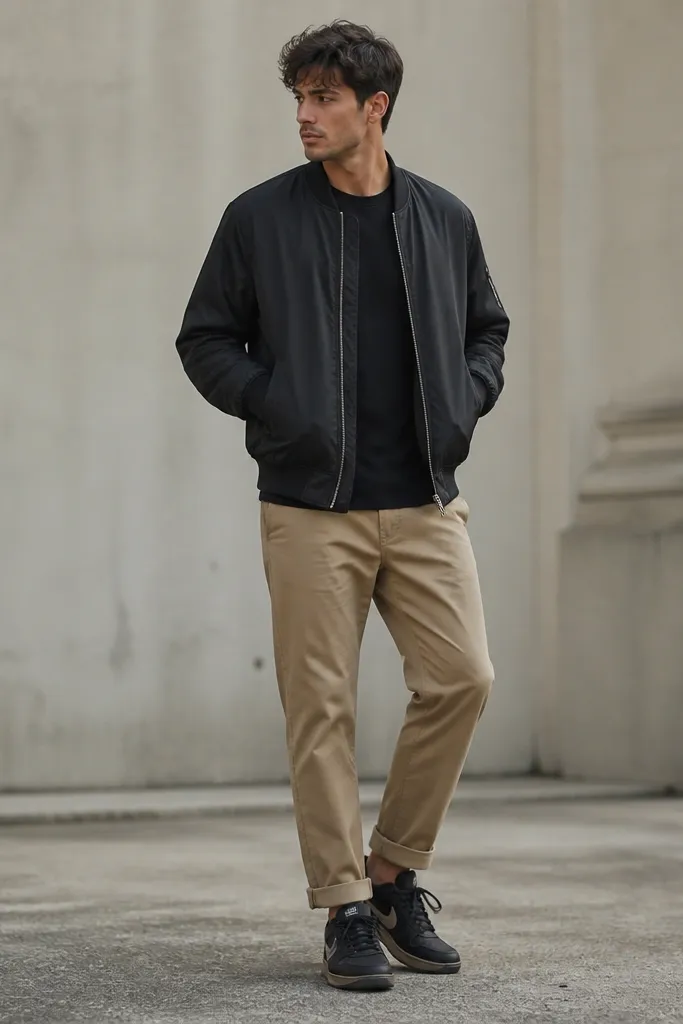 A model wearing a black tee under a black bomber jacket, paired with khaki chinos. The pant hem has a slight cuff showing black Travis Scott sneakers.