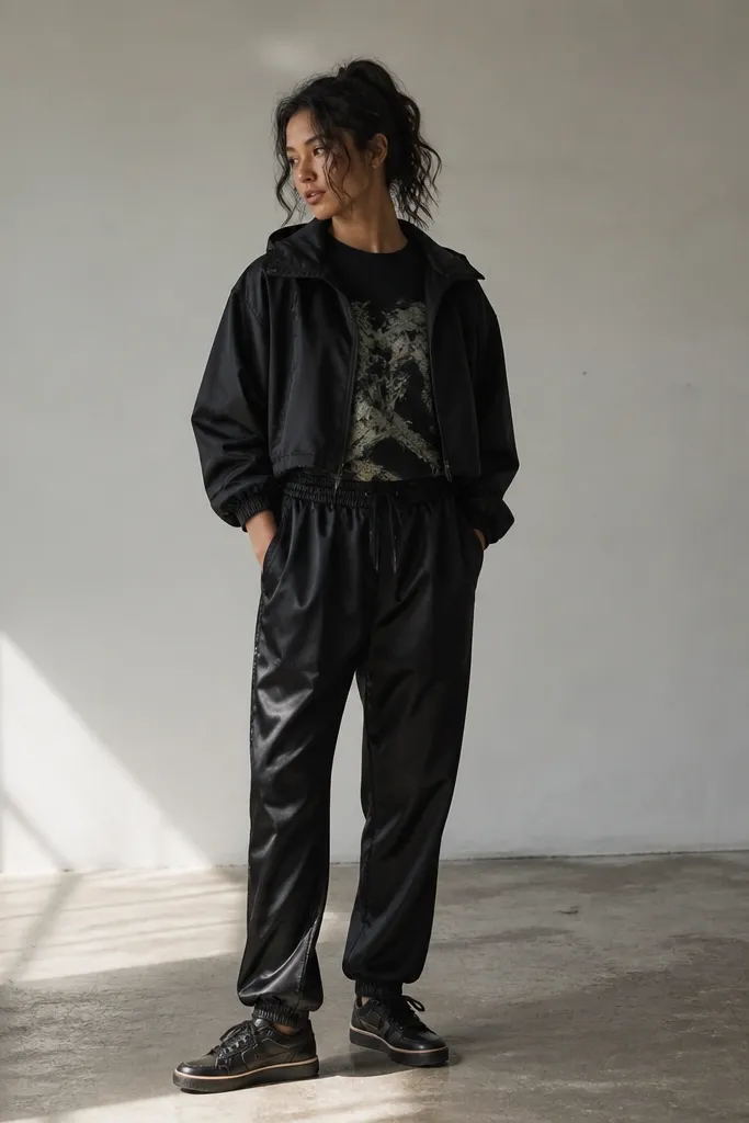 A model wearing black satin track pants with a subtle sheen, a black graphic tee, and a cropped windbreaker. Black Travis Scott shoes show under a tapered pant hem.