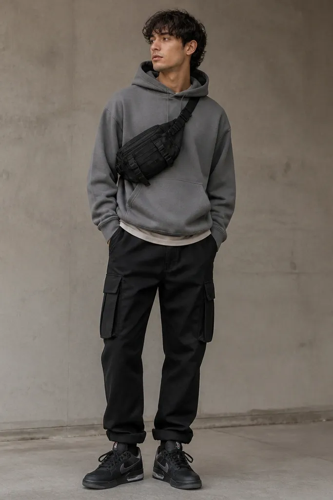 A model wearing a medium-gray hoodie, black cargo pants with large pockets, and a tactical-style belt bag worn across the chest. Black Travis Scott sneakers are visible under a cuffed hem.