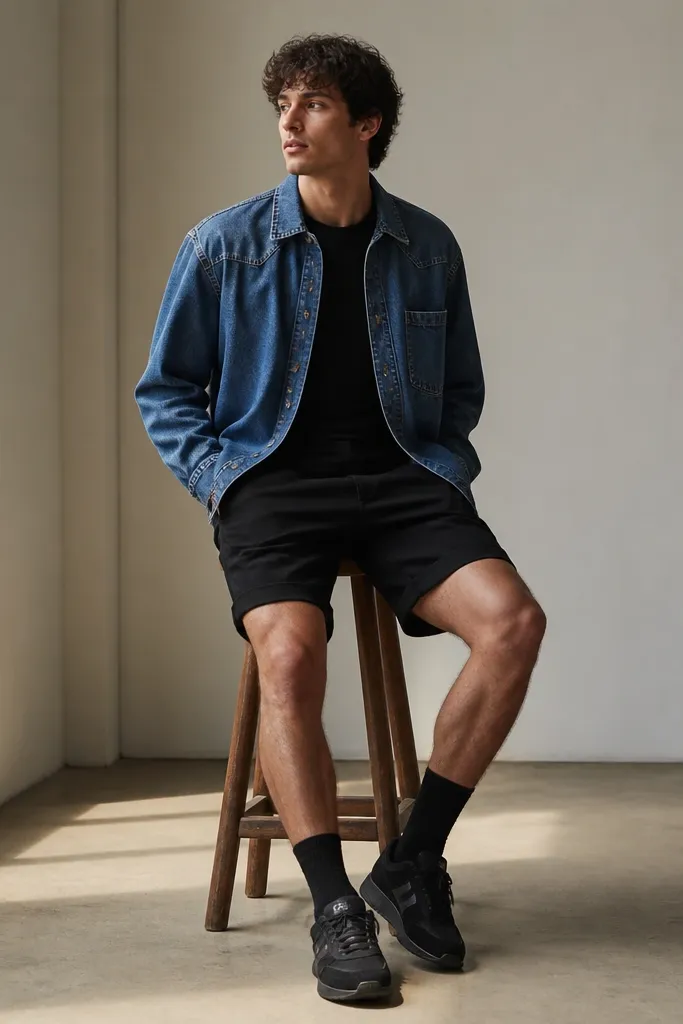 A model in a blue denim shirt jacket worn over a black tee. They wear black shorts with a folded hem and black Travis Scott shoes with black socks.