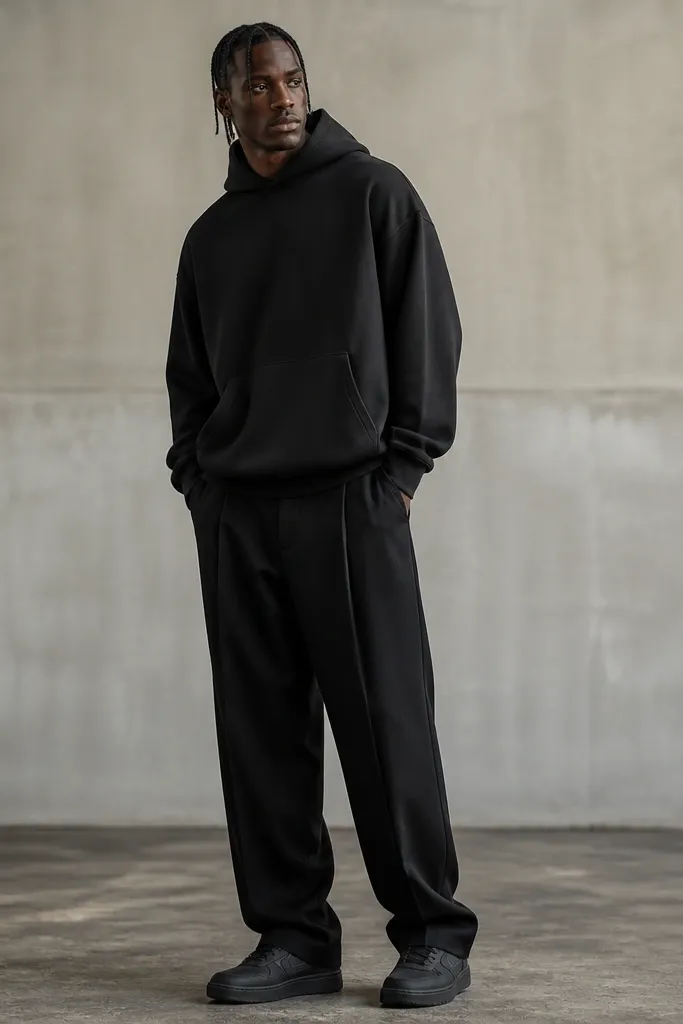 A model wearing a longline black hoodie with a slightly oversized fit and black pleated trousers. The trousers have a soft drape and show a clean break over black Travis Scott shoes.