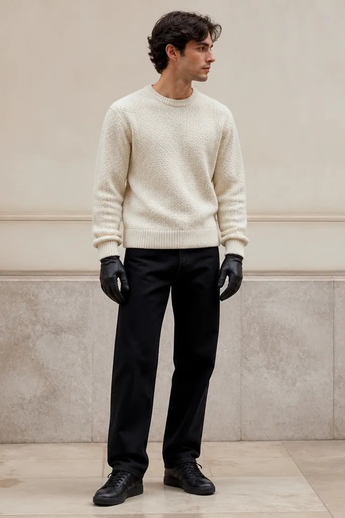 A model wearing a cream knit sweater with a crew neck, black straight jeans, and black leather gloves. Black Travis Scott sneakers are shown with a neat ankle break.