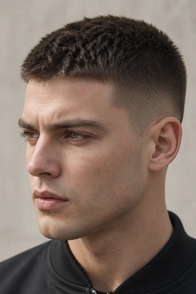 A buzz cut with a low taper on the sides and back, showing about 1.5 inches of textured top. The top is cut straight across but styled forward with tiny matte spikes; the sides fade smoothly from very short at the bottom to longer at the top edge.