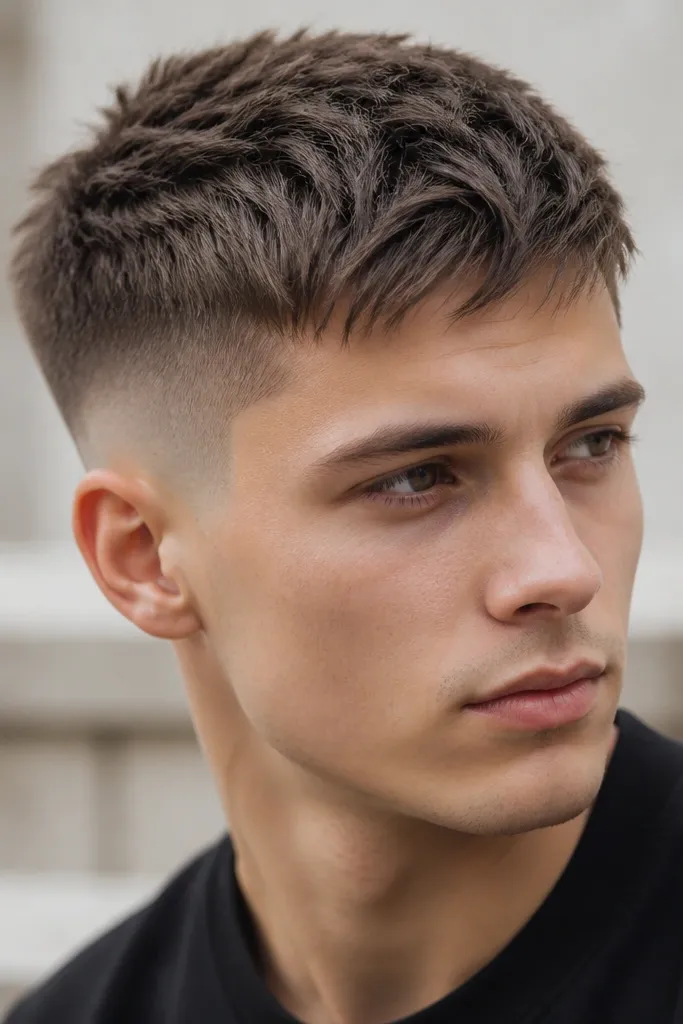 Longer-than-average top buzz cut with a medium taper. The top is about 2.25 inches, styled forward with uneven texture like short choppy layers, while the sides fade from close to longer at the top edge.