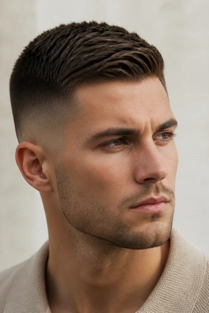 A buzz cut where the sides are a sharp mid fade, and the top is about 2 inches swept to one side. The top shows distinct texture with small finger-combed ridges; the fade line is clean and visible.