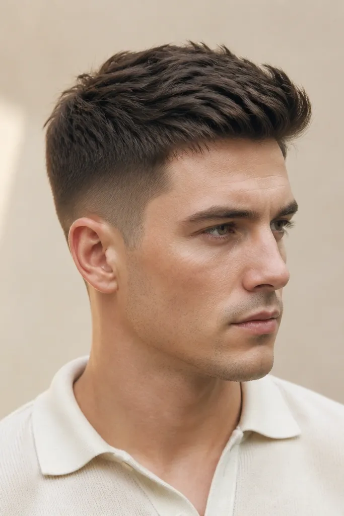 Top is longer around 2 inches with a crown that points forward slightly. The sides are tapered cleanly, and the top has a small lift at the crown with textured pieces spreading forward.