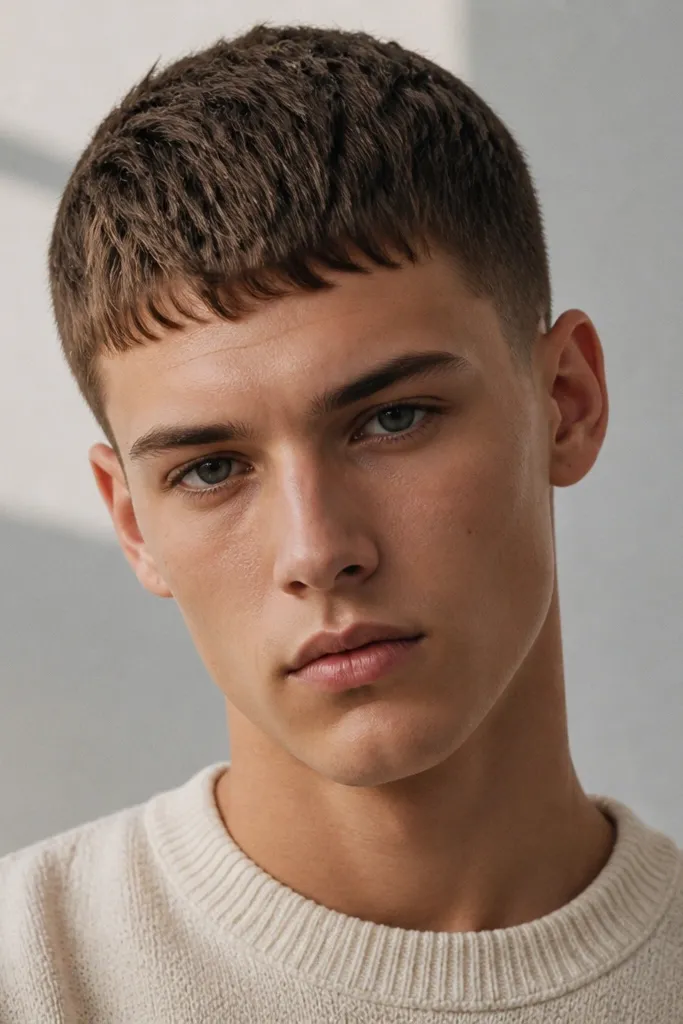 A longer top buzz cut with a short fringe that sits slightly above the eyebrows. The sides are tapered and neat; the fringe has choppy texture and a subtle forward bend.