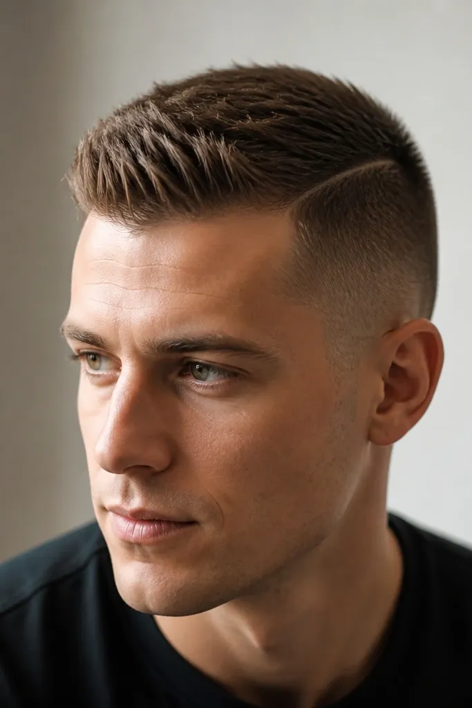 A buzz cut with a very subtle part line near the temple. The front is lifted slightly upward and forward, showing small textured ridges; the sides are tapered and clean.