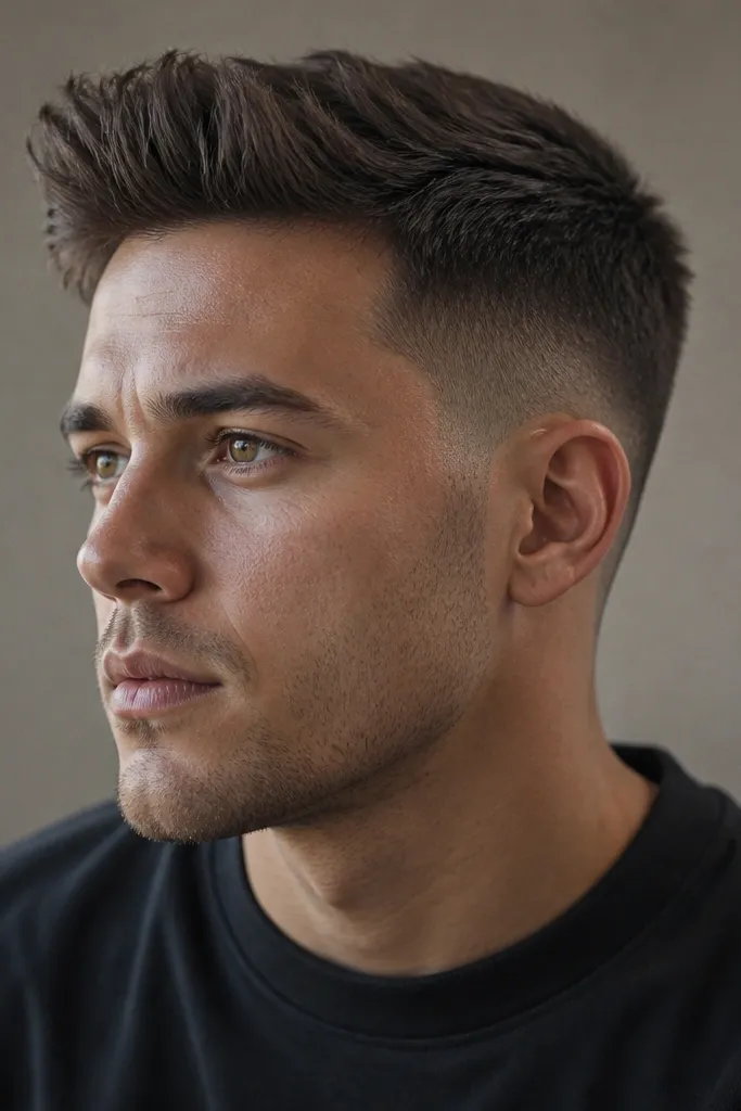 A low fade with a longer top about 2.3 inches. The front and middle lift into a small quiff shape with matte texture; the sides are blended and close.