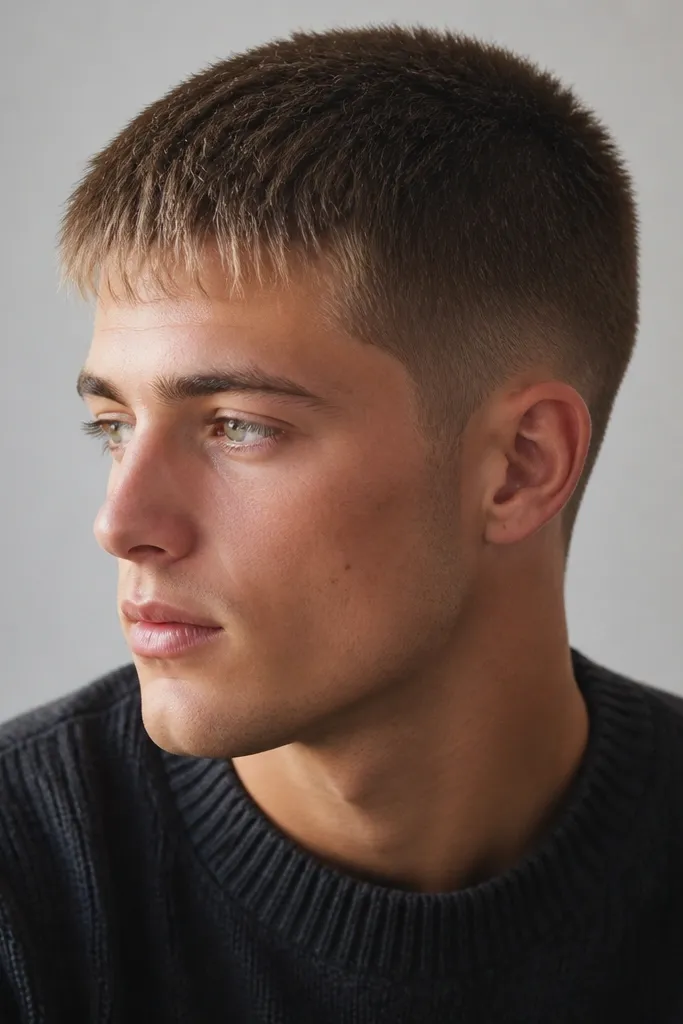 A buzz cut with a softer fringe that looks slightly lighter at the edges. The sides taper neatly; the top is around 1.8 to 2 inches and the fringe falls in thin textured strands.