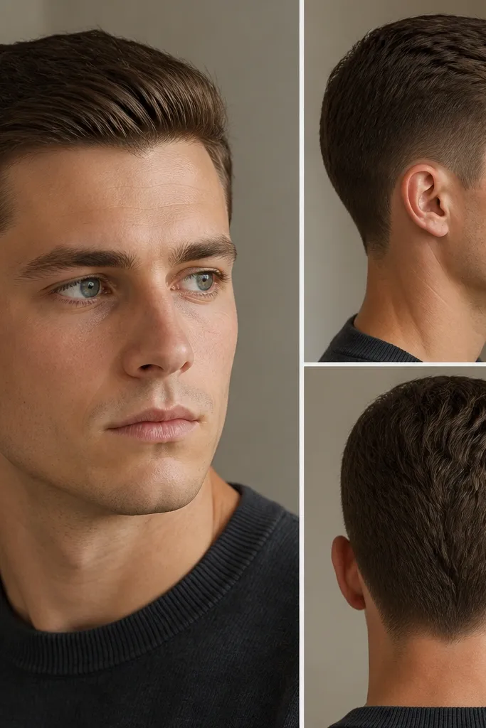 A buzz cut where the top is about 2 inches and swept back with texture. The sides are tapered cleanly and the back shows a controlled wave of hair pieces.