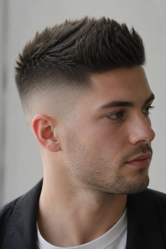 High fade sides with a longer top that forms a small crown pad. The top is textured and lifted slightly upward in the center; the sides fade tightly to very short near the bottom.