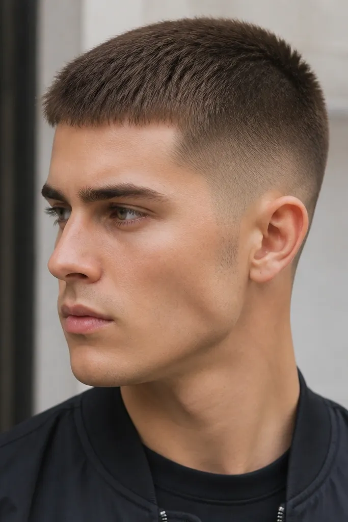 A buzz cut showing tapered sideburns that fade into the sides cleanly. The top is about 2 inches and styled forward with a short fringe texture; the jawline area looks especially neat.