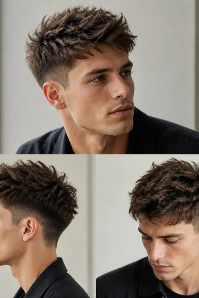 A longer top around 2.5 inches with soft, matte spikes. The sides are low-tapered, blended smoothly, and the top looks airy with separated pieces.
