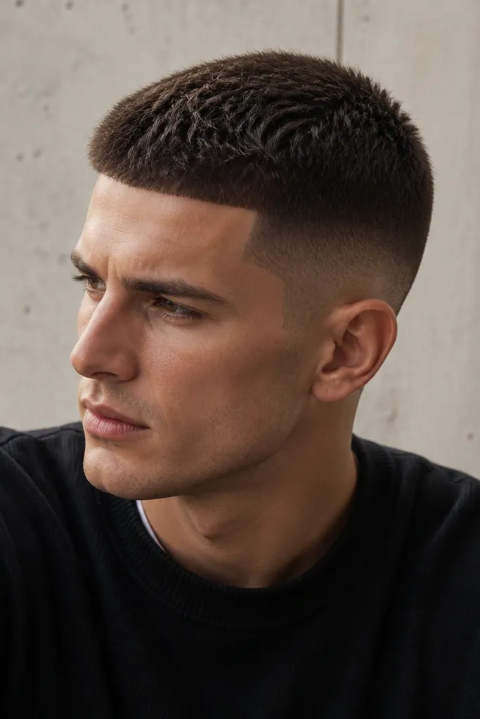 A buzz cut with a sharp, clean line-up at the hairline and a textured top around 2 inches. The sides are tapered and the top has direction with small separated pieces.