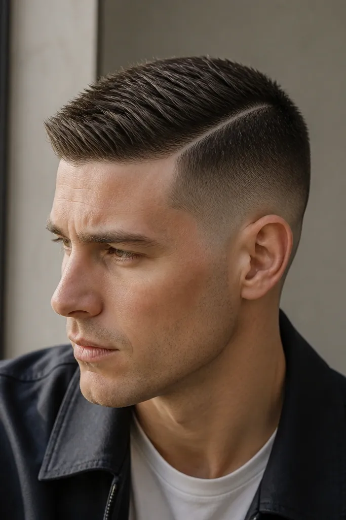 A buzz cut with a textured side part. The sides are faded and blended, and the top is about 1.8 inches with visible separation along the part line.