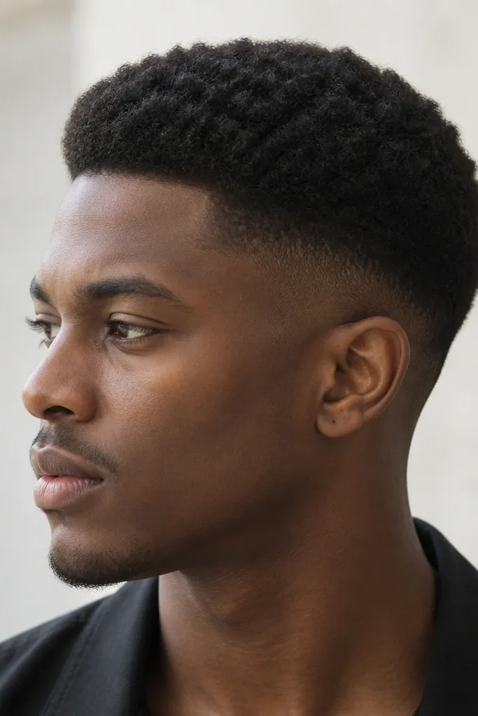 A buzz cut where the sides are tapered and the top is about 2 inches with natural afro-like texture. The top looks dense and rounded; the sides are smooth and clean.