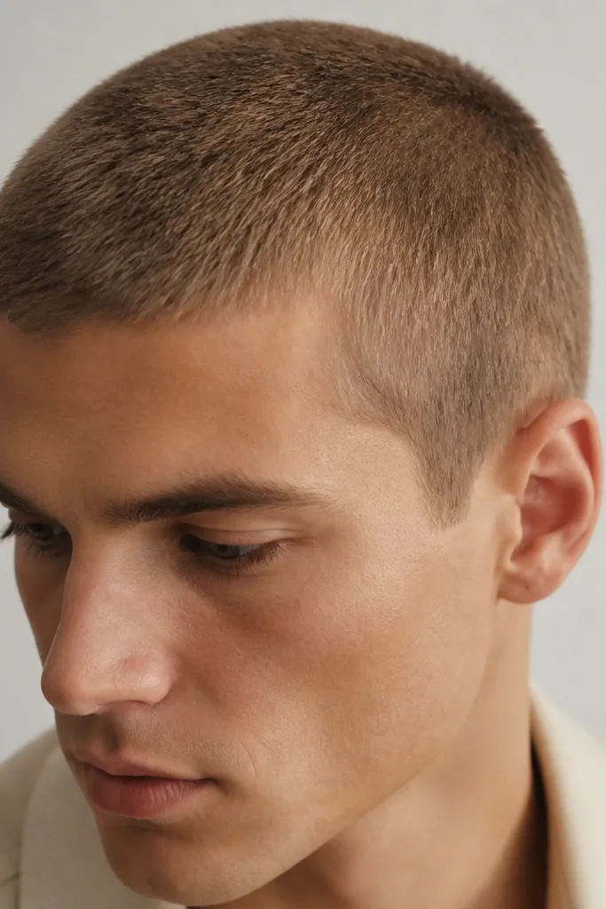 A close-cropped head with uniform length, light brown hair, even texture across the scalp, natural skin tone showing at the hairline, no fade line visible.