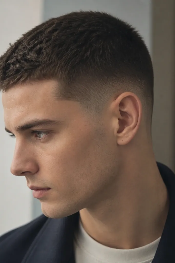 A short buzz with a visible fade: top is slightly longer and textured, sides taper down smoothly near the ear, hair color is dark brown with a clean edge around the temples.