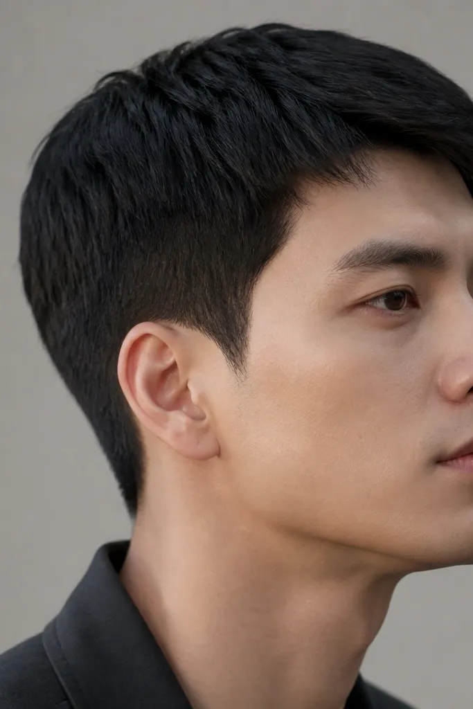 Sides taper gently low near the ear, top is slightly longer and uniform, hair is black with a natural matte finish, edges are clean and rounded.