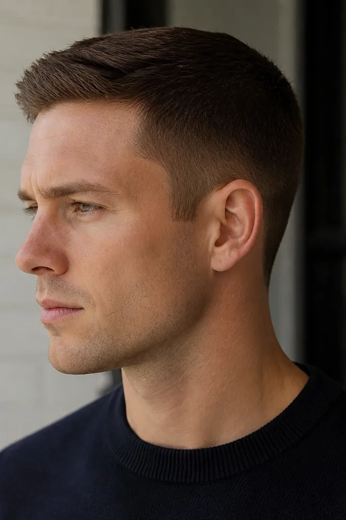Very short sides that nearly touch skin around the ear area, top is a few millimeters longer, clean contour at temples and behind ears, medium brown hair.