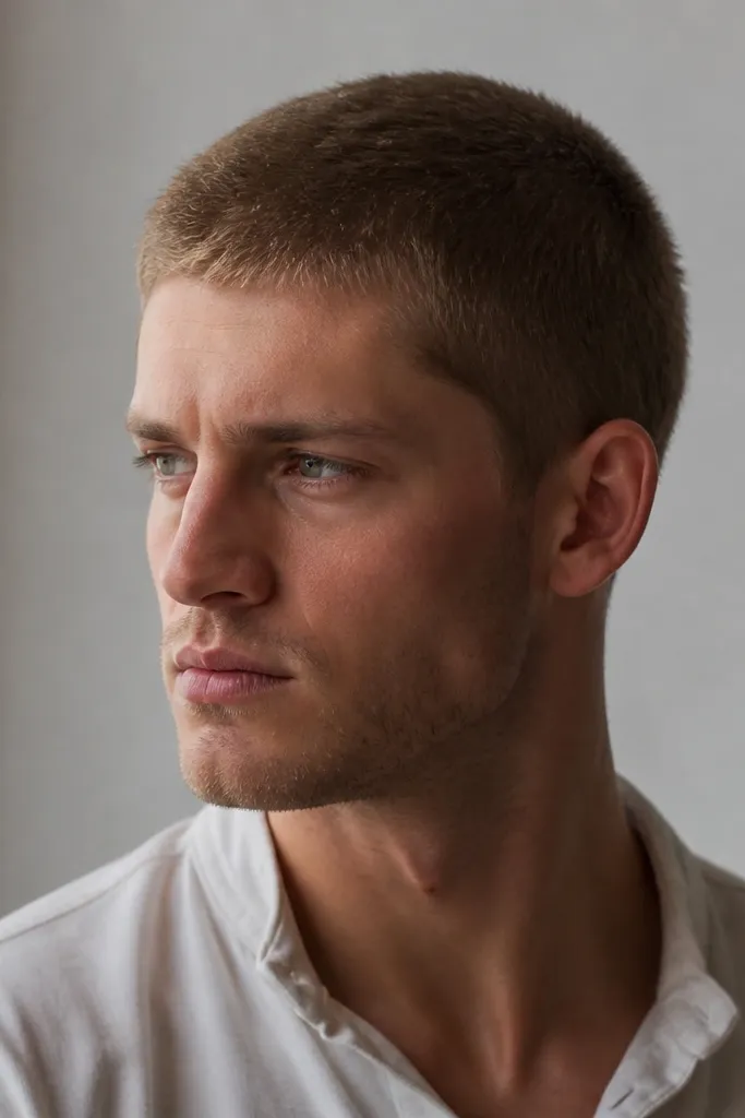 A slightly longer buzz than most, hair looks soft and textured, light stubble-like length on top, dark blonde hair, no shine on the surface.
