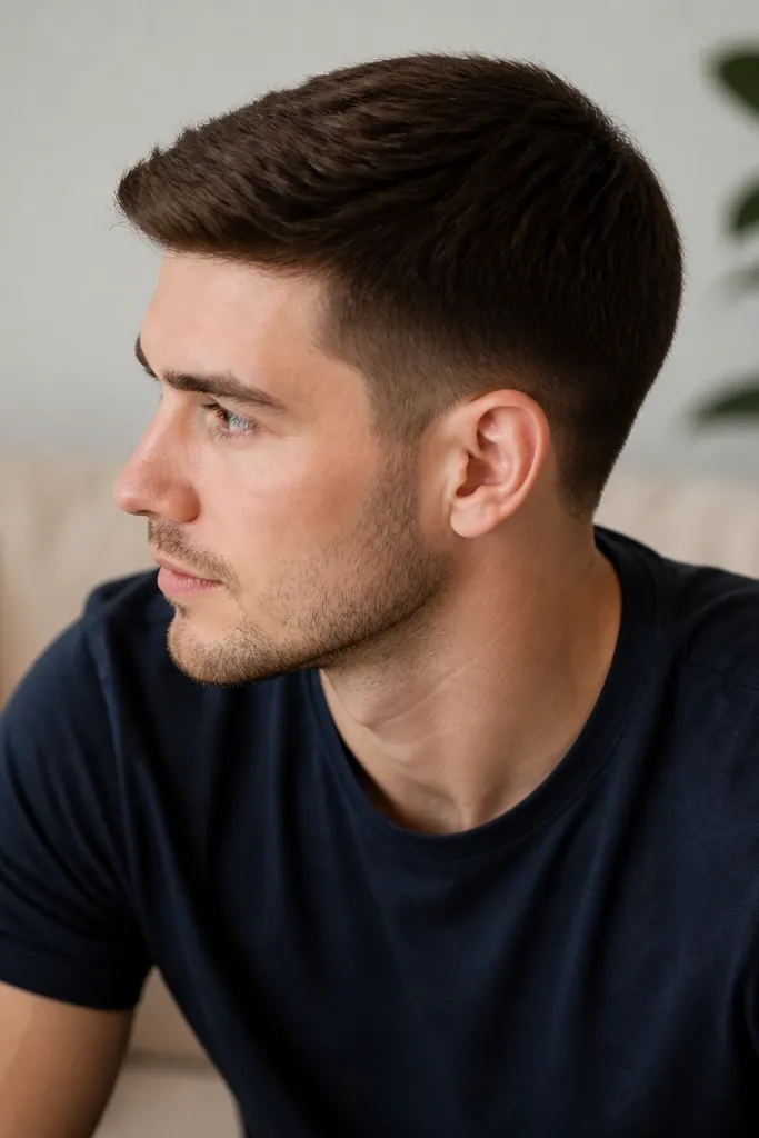 Top and crown are uniform, sides taper gently with a visible but smooth reduction, hair is dark brown, crown direction is visible and tidy.