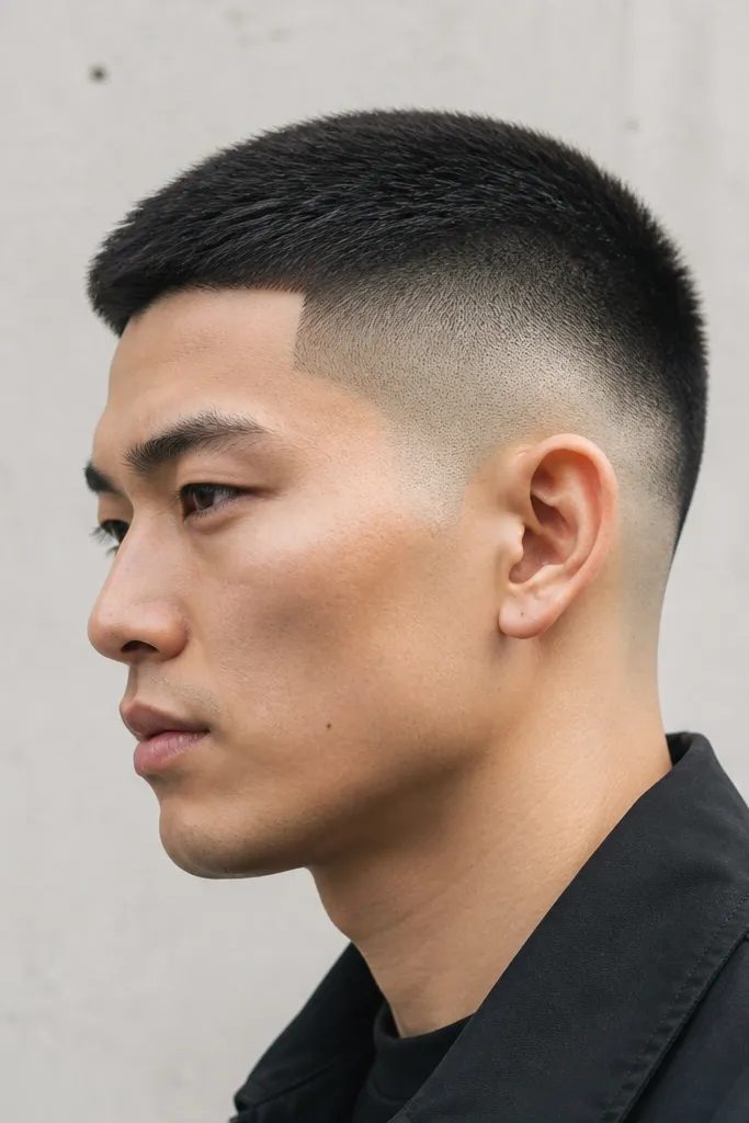 A tight high fade starting near the top of the head, short top at guard 2, hair is black with crisp temple edges and a smooth gradient.