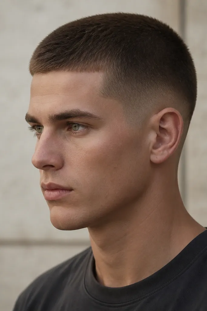 A buzz cut with a crisp temple and neckline line, fade is smooth and not too high, top is short and uniform, hair is medium brown.