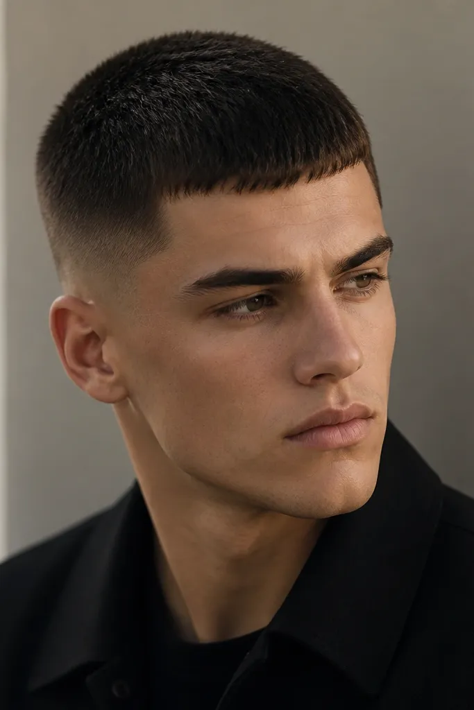 Buzz cut with a slightly longer front section that creates a tiny fringe, sides are faded and clean, hair is dark brown with a matte finish.