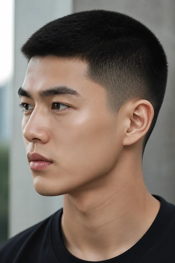 Top is a uniform short buzz, sides are mostly the same length except a fade around the temple area, hair is black and edges are tidy.