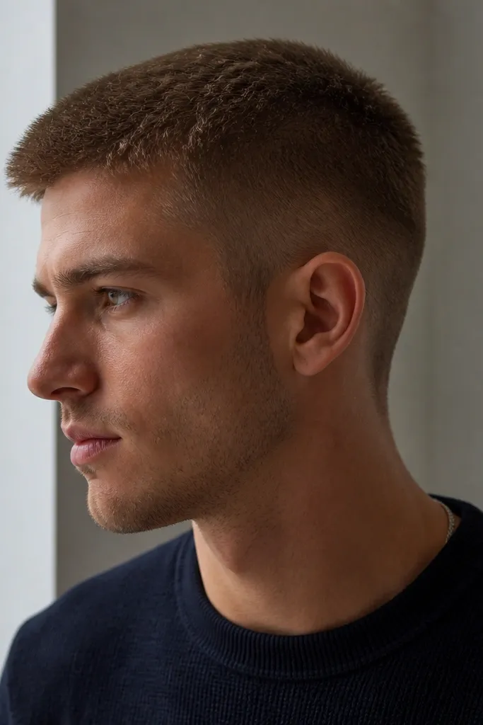 Longer buzz on top with a soft, natural texture, sides are shorter but blended, hair is light brown under indoor lighting.