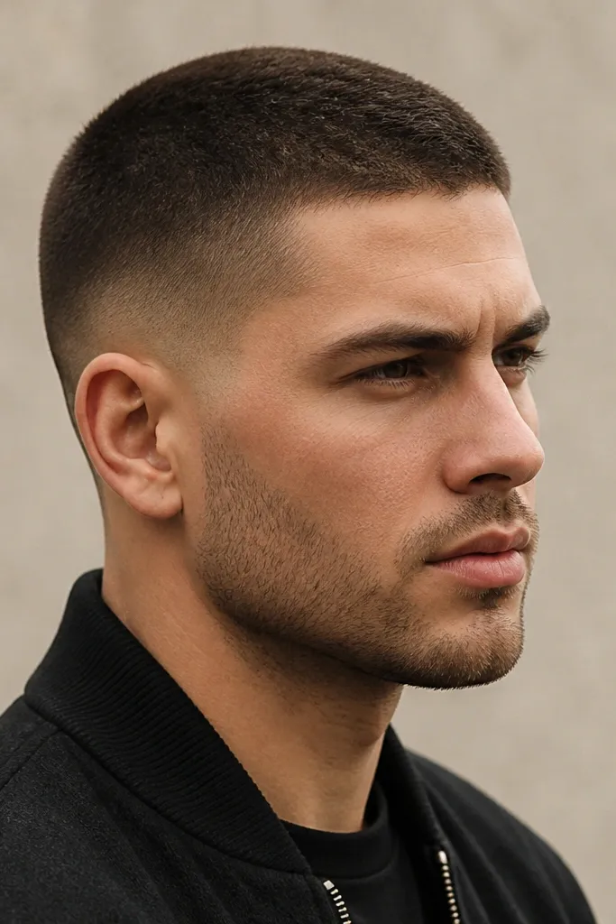 A buzz cut with a clear two-level look: top is longer, sides are much shorter, but the transition is blended enough to look intentional; hair is dark brown.