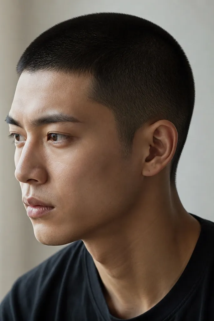 A buzz where the top looks a touch longer and more domed, sides taper smoothly, hair is black with a matte finish.