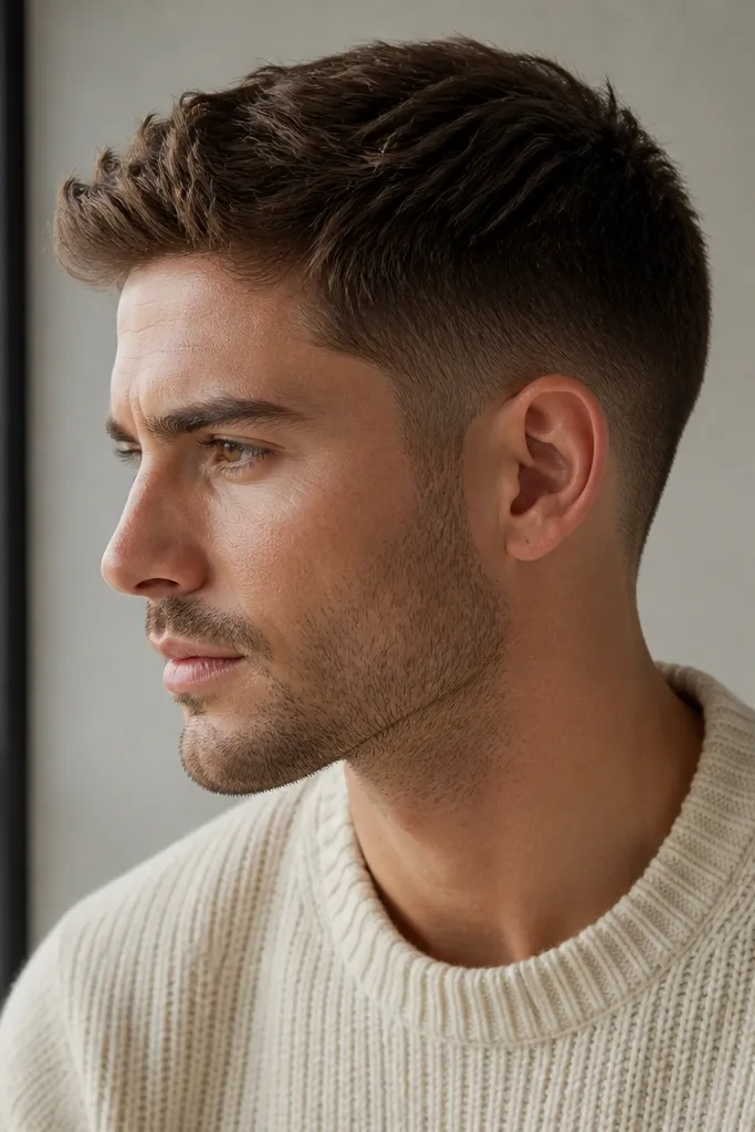 Very short sides that stop short of skin, top remains slightly longer, fade looks smooth and natural with no shiny scalp exposure; hair is medium brown.