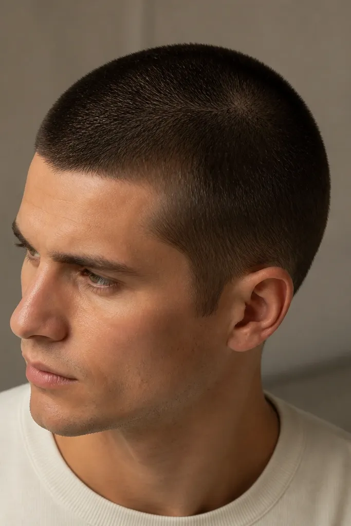 Uniform buzz with a visible but subtle crown swirl, sides tapered slightly, hair is dark brown and looks tidy at the crown.