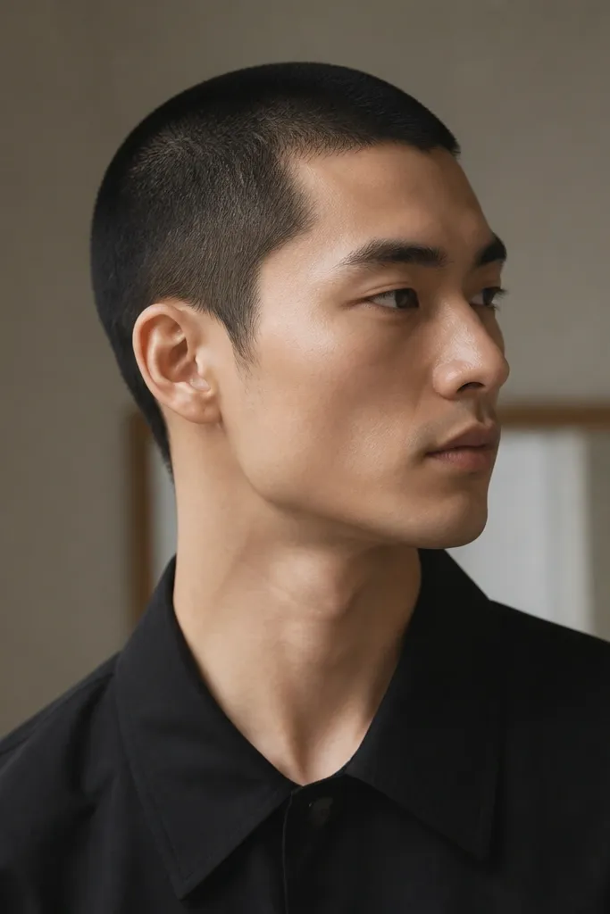Short buzz with a clean but softened neckline line, sides are evenly short with a mild taper, hair is black and the edge looks smooth.