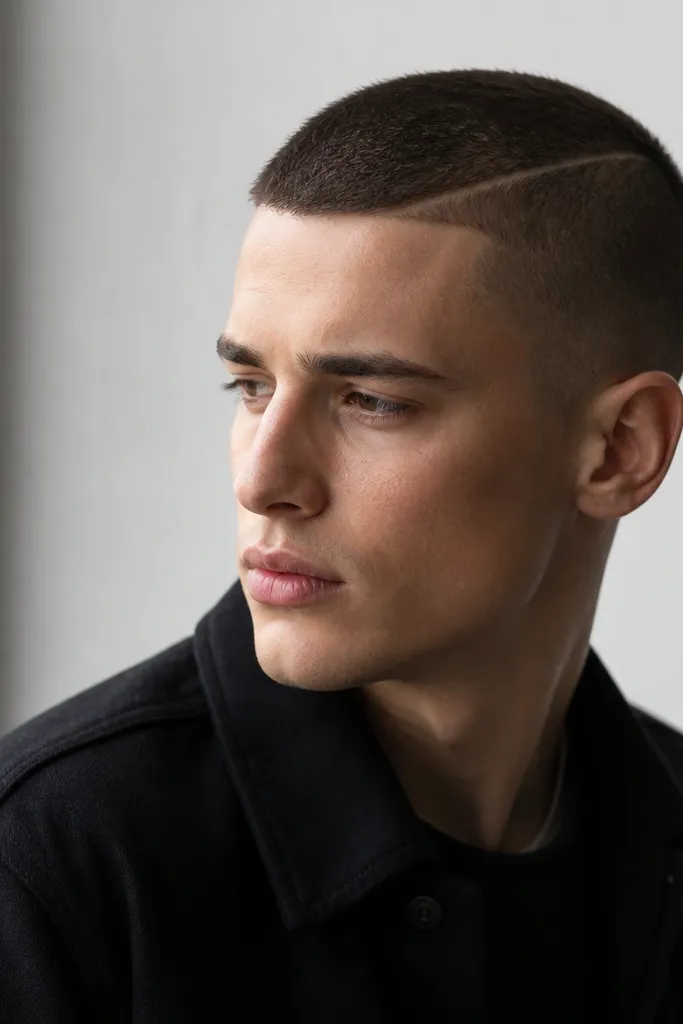 Buzz cut with a very thin hard line on one side like a micro part, sides are short and top is slightly longer; hair is dark brown.