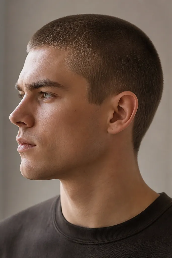Uniform buzz on top and sides with a noticeable but subtle taper only at the back, hair is medium brown and evenly textured.