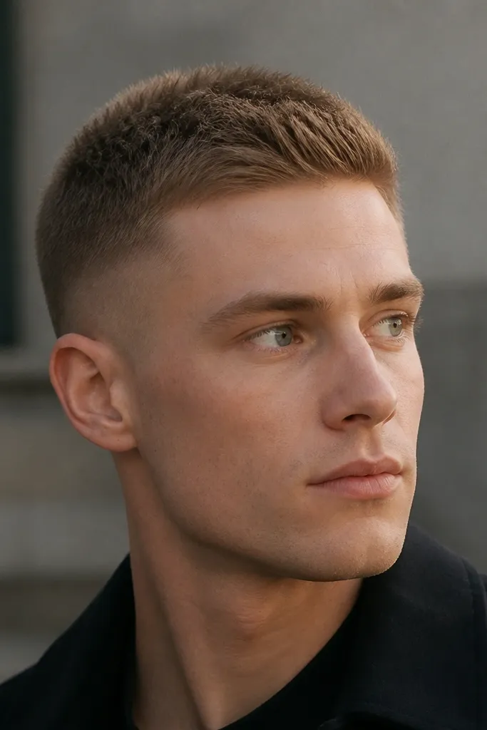 A longer buzz on top with a soft texture, sides faded down to a shorter guard, hair is dark blonde and looks natural.