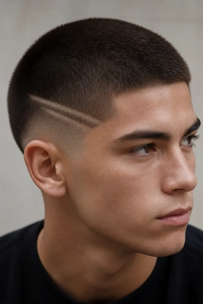 A buzz cut with a small patterned fade section near the temple, created with a comb guide, top is short and uniform, hair is dark brown.