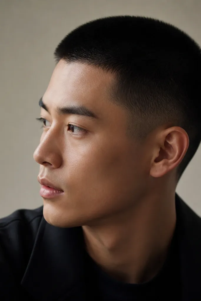 A buzz cut with smooth rounded edges at the sides and temples, fade is subtle, top is uniform short, hair is black with a natural matte finish.