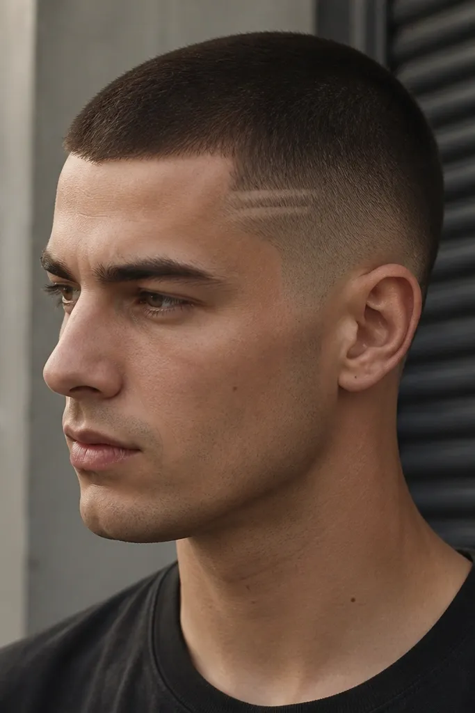 Buzz cut with two thin hard lines on both sides near the temples, sides are short and blended, top is uniform; hair is dark brown.