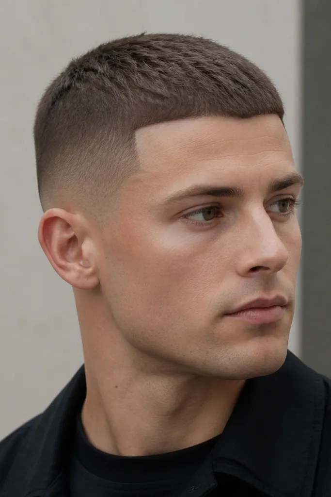 Top is guard 3 textured buzz, sides have a sharper temple fade that transitions quickly, hair is medium brown with crisp temple edges.