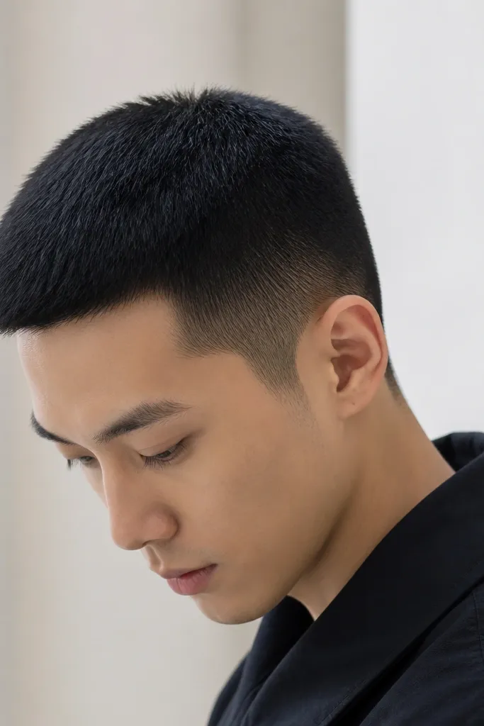 Sides are very short, crown is slightly longer and uniform, blending is smooth at the crown boundary, hair is black and matte.