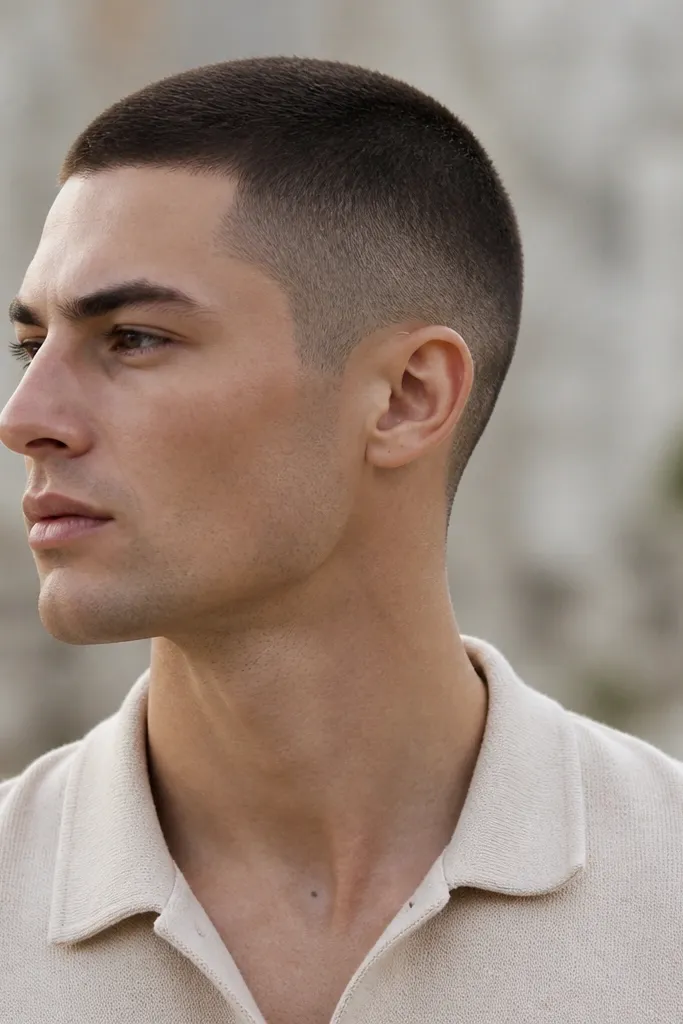 A buzz cut with neat sideburn area, temple curve looks smooth, sides have a light fade, top is short and even; hair is dark brown.