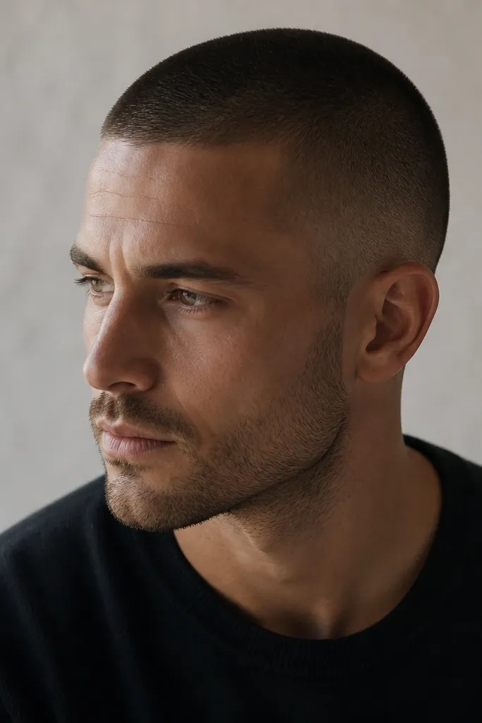 A man with a close buzz cut: the top is cut to about 3/8 inch, the sides are about 1/8 inch, and the transition is smooth with a clean neckline. Hair looks matte, not shiny.