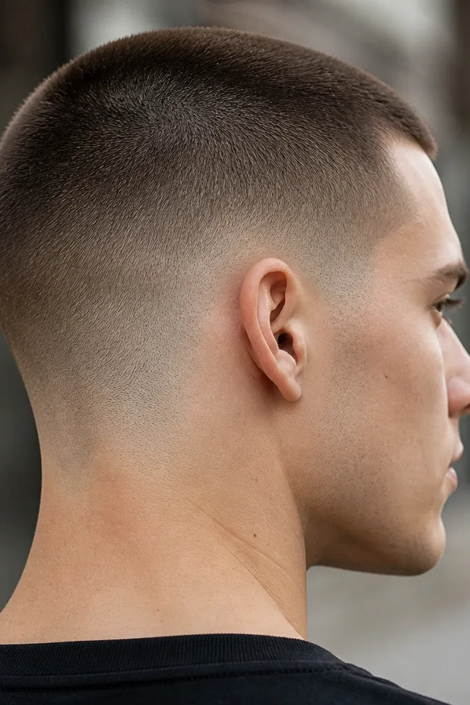 A clean buzz cut with very short sides near the bottom, fading gradually upward. The top is a uniform buzz with a slightly longer length than the sides, and the neckline is softly tapered.