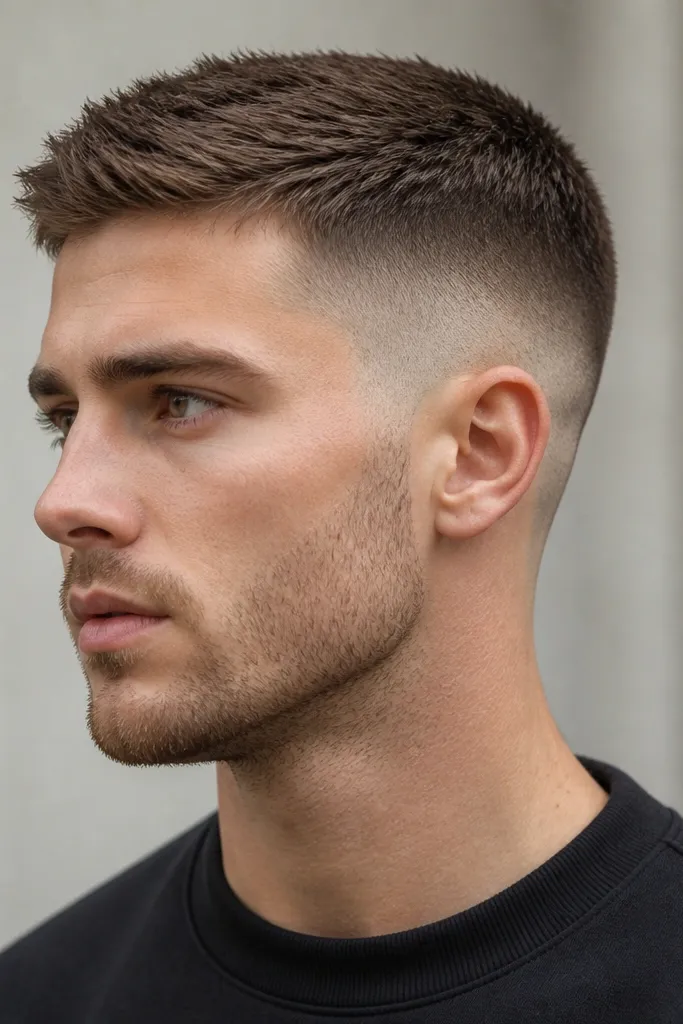 A high fade from very short sides up to a longer, slightly textured buzz on top. The top looks fuller and the sides fade aggressively, with a defined but not razor-sharp neckline.